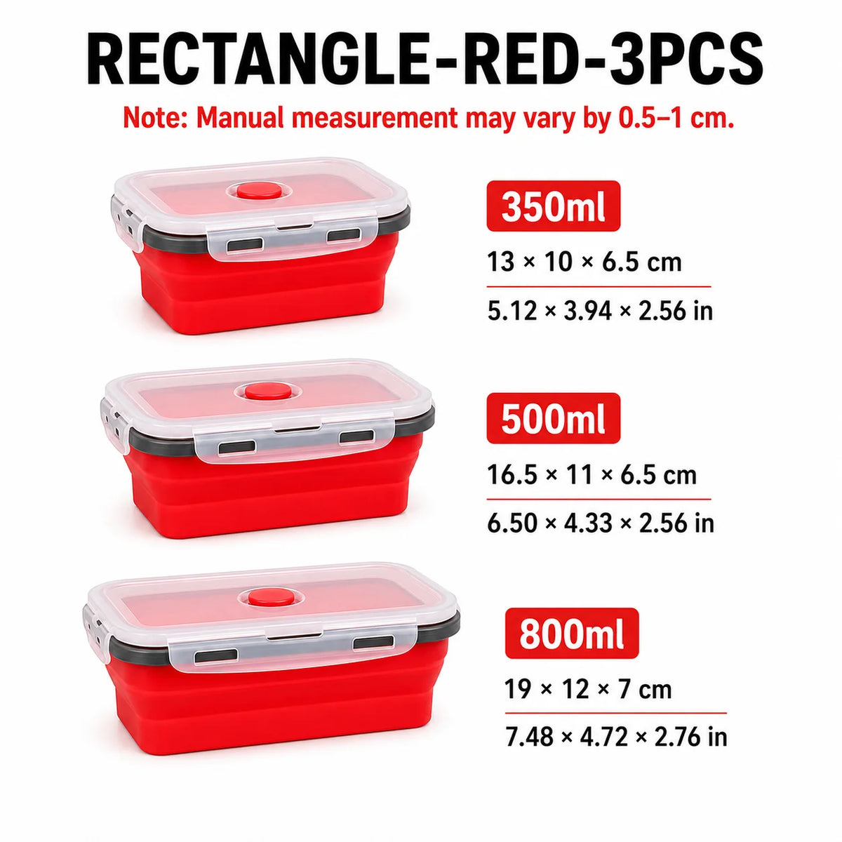 Uwhise 4-Pack Collapsible Silicone Food Containers | Leakproof Silicone Food Containers Axl Rectangle-Red-3Pcs