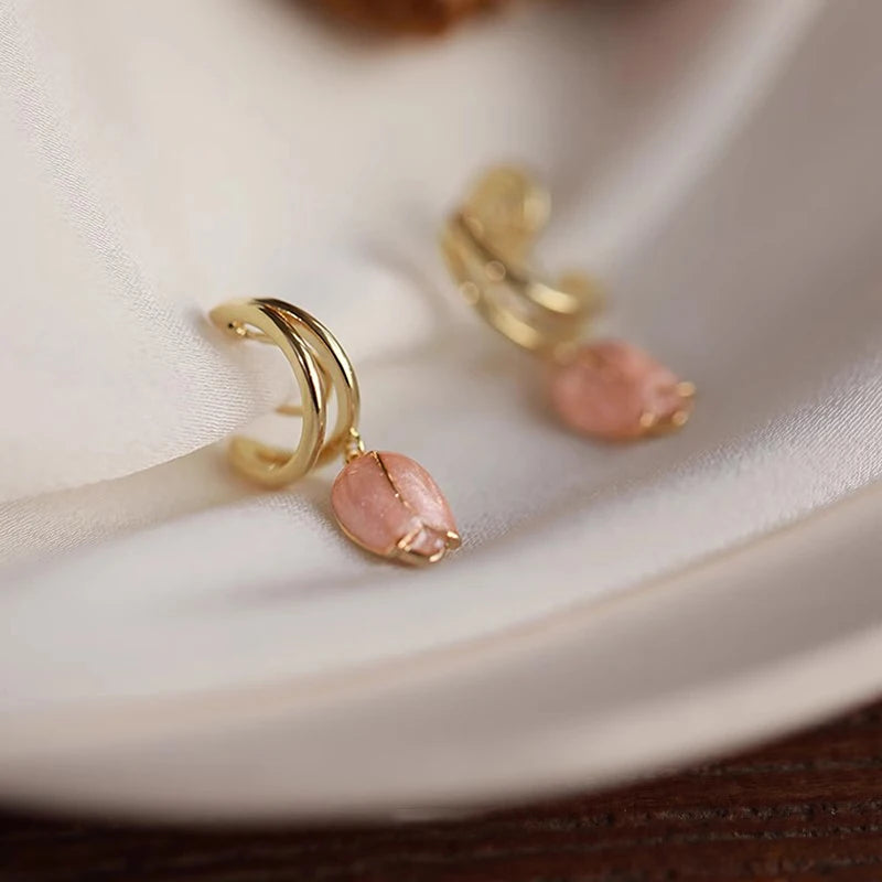 Huitan Pink Tulip Flower Drop Earrings – Gold Dangle Jewelry Dangle Earrings Axl