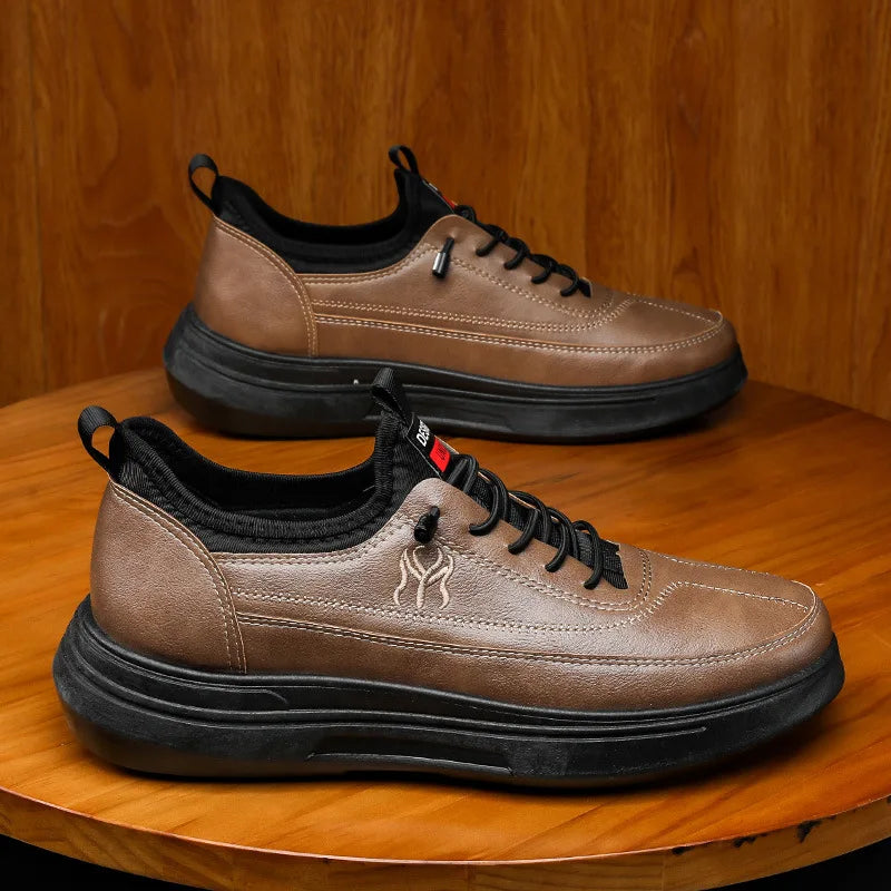 YBQJOO Men's Lace-Up Leather Sneakers – Non-Slip Casual Shoes Men's Casual Sneakers Axl Brown 44