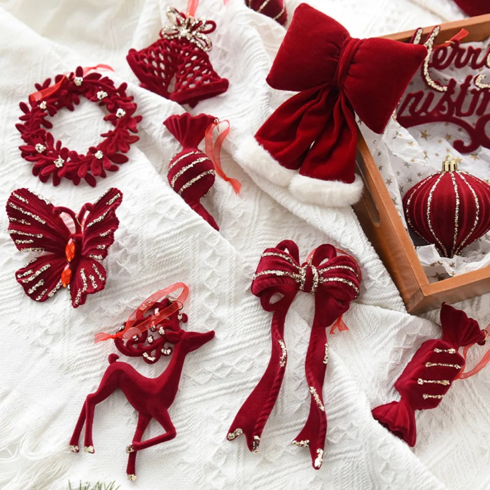 Velvet Bowknot Christmas Tree Pendant | Wine Red Bow Ornament Christmas Tree Ornament Axl