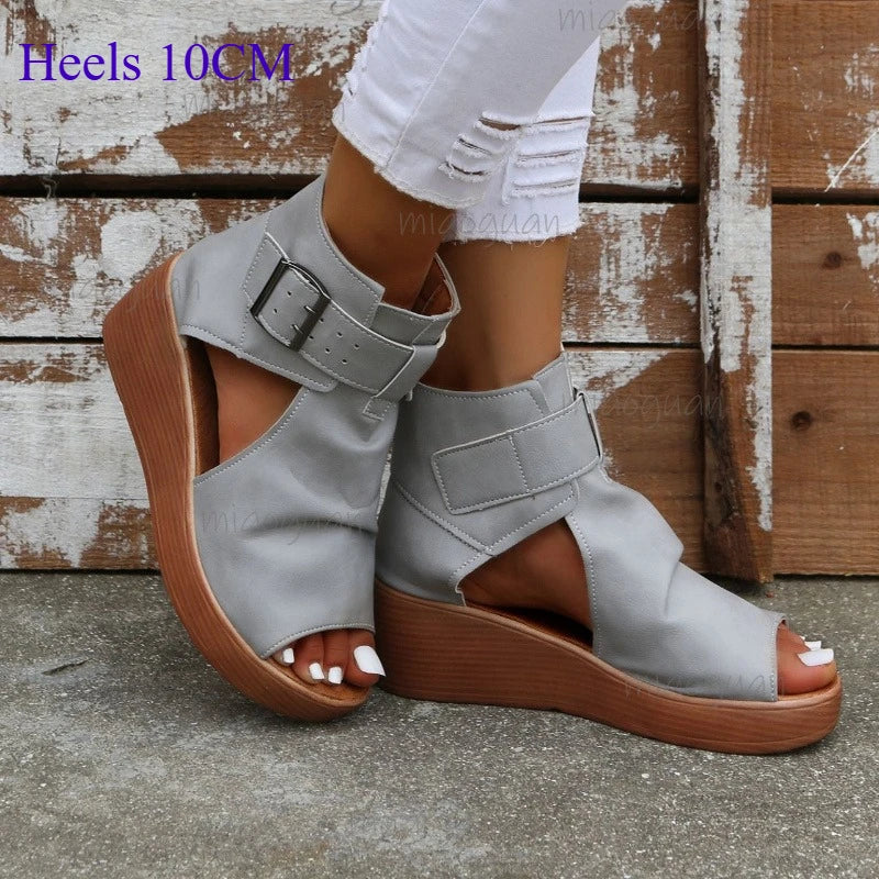 Plus Size Wedge Platform Sandals – Retro Roman Buckle Heels Wedge Platform Sandals Axl