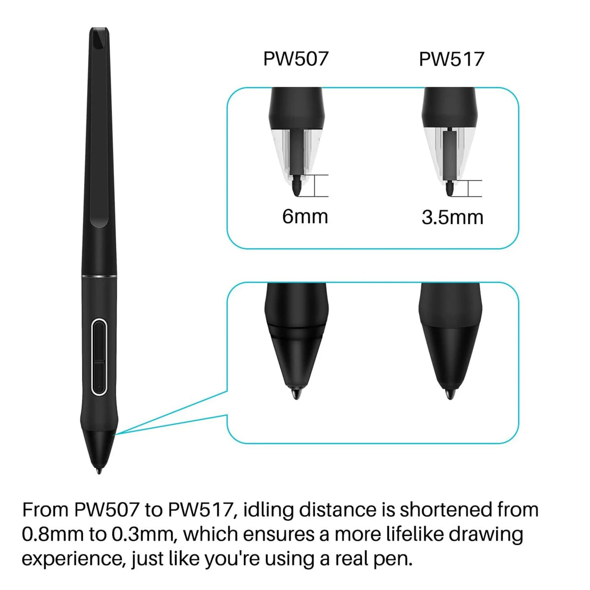 PW517 Battery-Free Stylus Pen 8192 Pressure – 10 Nibs for Huion Digital Stylus Pen Axl