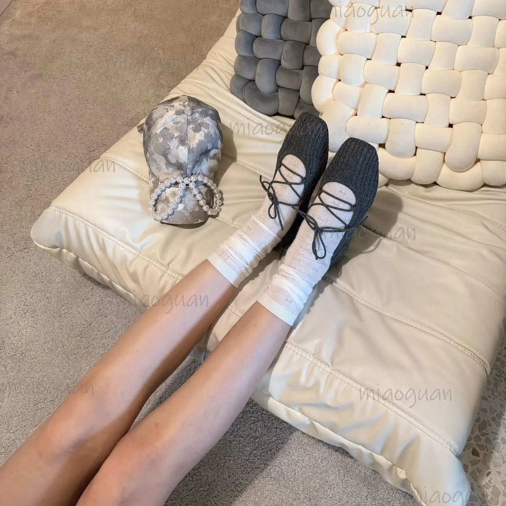 Women's Knit Ballet Flats – Square Toe Cross Strap Lace-Up Ballet Flats Axl