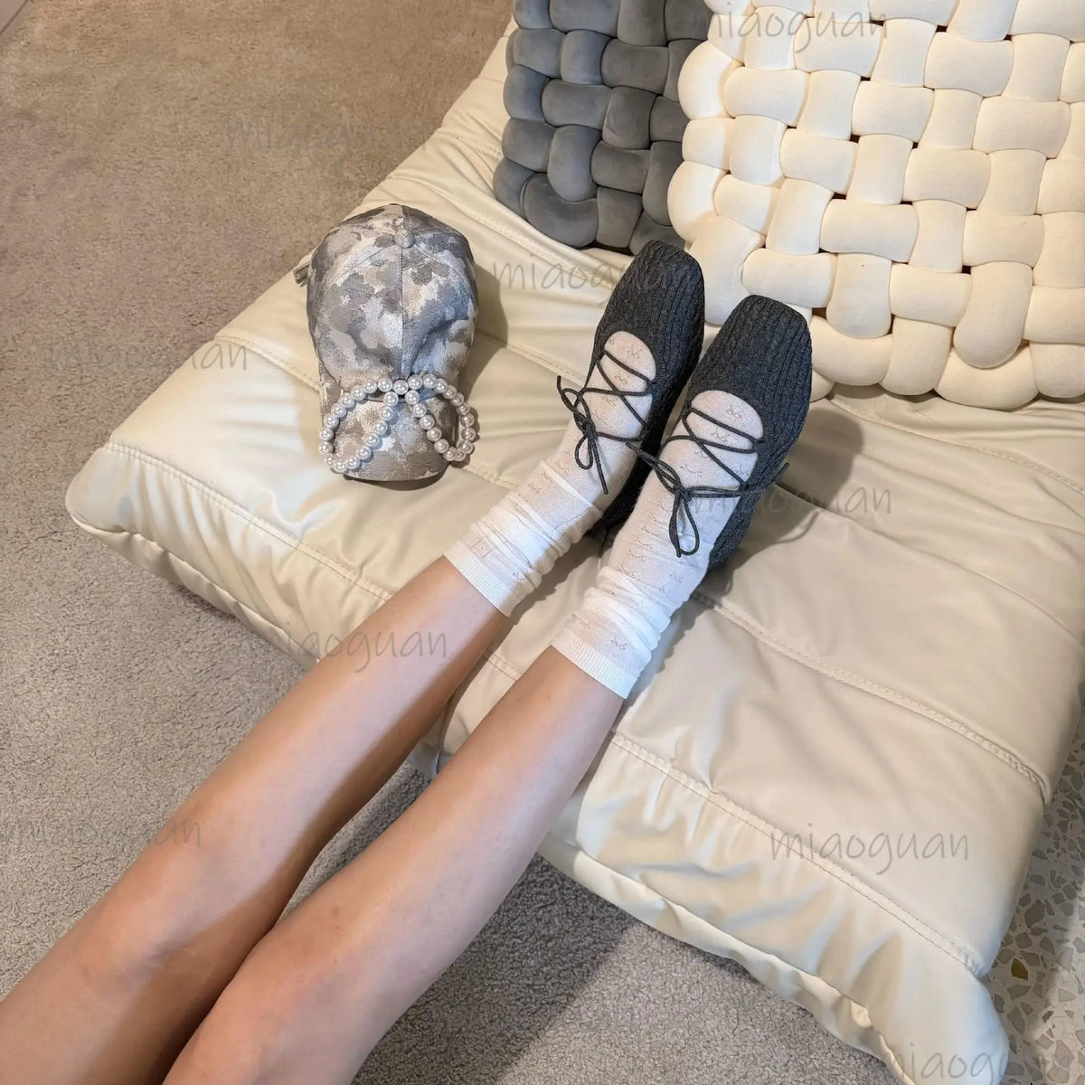 Women's Knit Ballet Flats – Square Toe Cross Strap Lace-Up Ballet Flats Axl