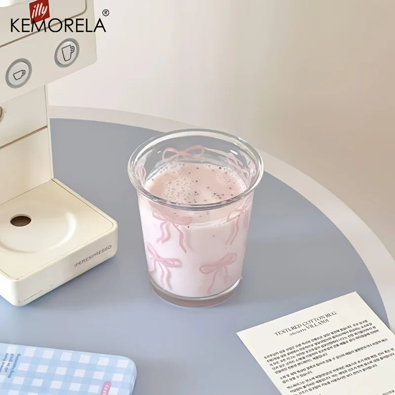 KEMORELA Pink Bow Glass Cup 320ml – Cute Iced Coffee Cup Glass Drinking Cup Axl