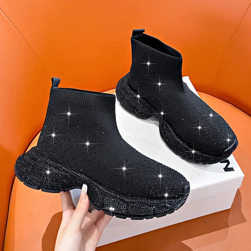Women's Rhinestone Knit Wedge Mid-Calf Boots | Platform Sock Boot Platform Wedge Boots Axl black 35