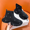 Women's Rhinestone Knit Wedge Mid-Calf Boots | Platform Sock Boot Platform Wedge Boots Axl black 35