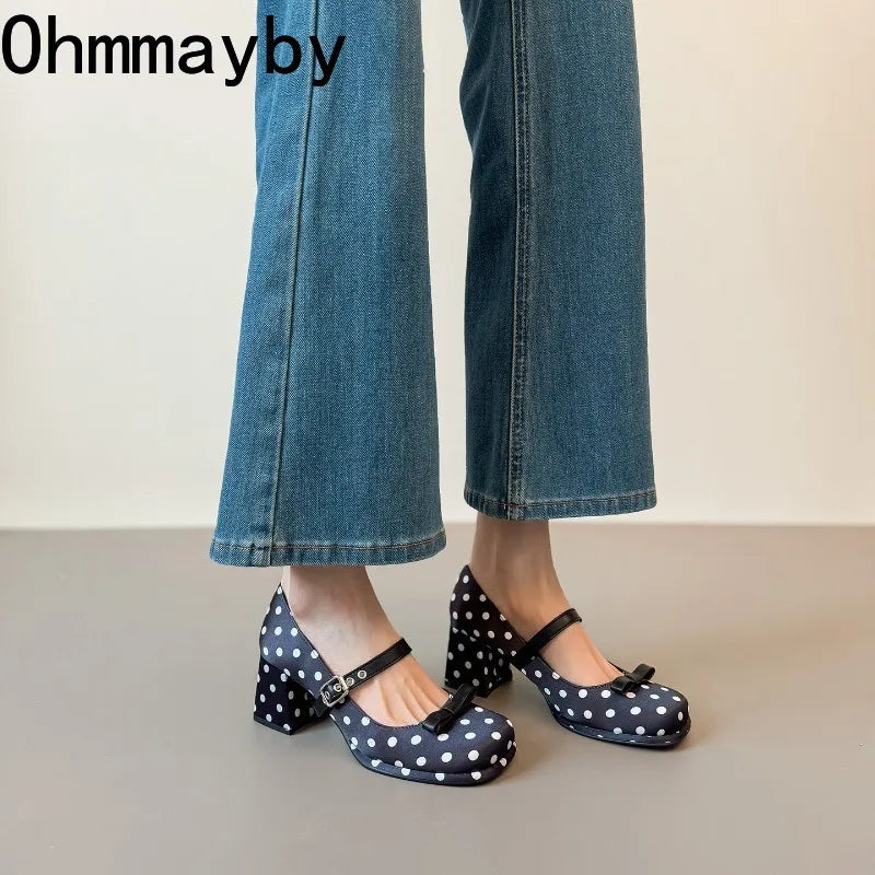 Vintage Polka Dot Mary Jane Pumps | Women's Square Heel Shoes Mary Jane Pumps Axl