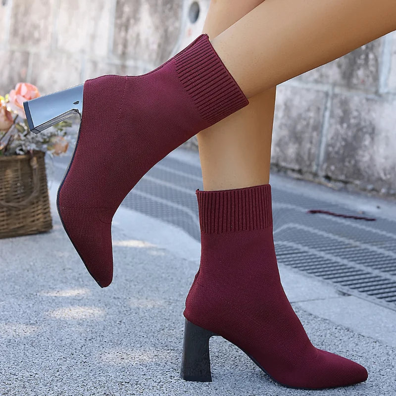 Women's Knitted Sock Ankle Boots | Pointed Toe Square Heel Sock Ankle Boots Axl