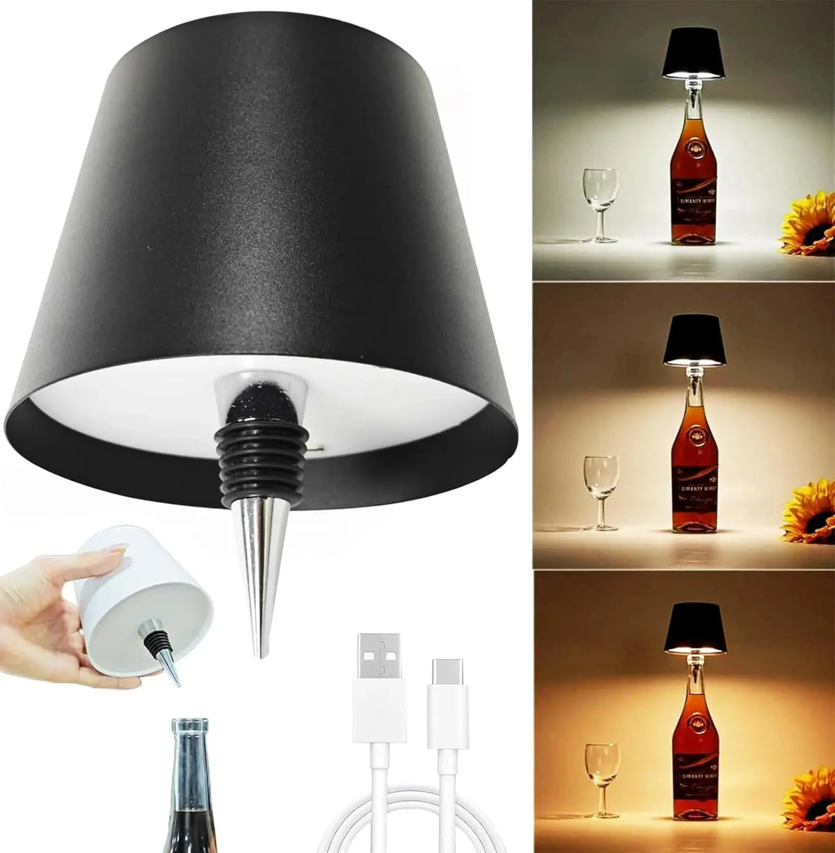 USB Rechargeable Bottle Table Lamp | Touch Control 3-Color LED LED Table Lamp Axl Black