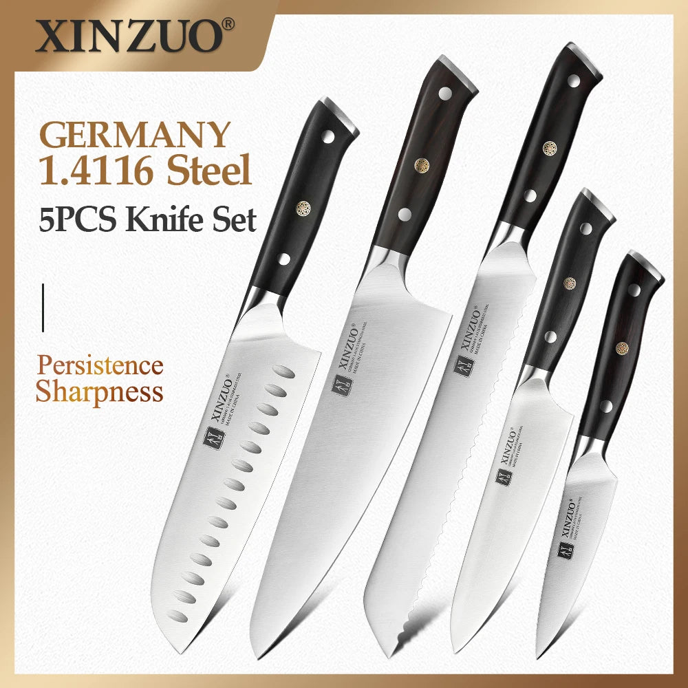 XINZUO 5-Piece Kitchen Knife Set | German 1.4116 Steel & Ebony Kitchen Knife Set Axl