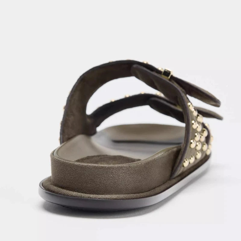 Women's Metal Rivet Flat Sandals – Slip-On Beach Slides Flat Sandals Axl