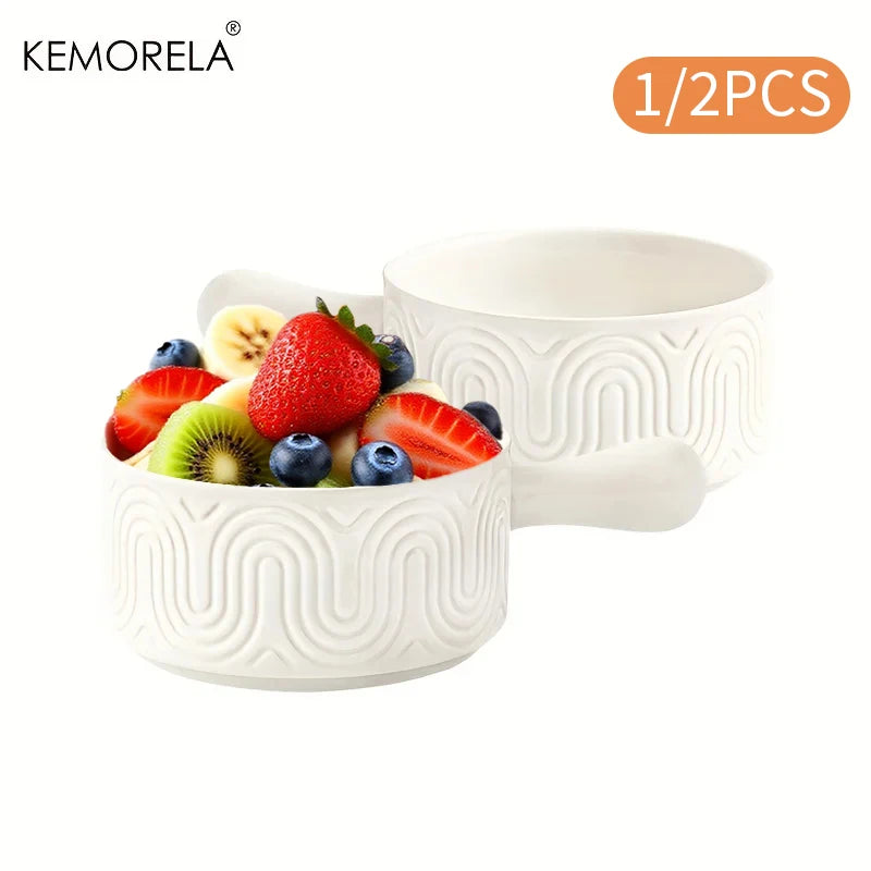 KEMORELA White Ceramic Handled Bowl – Embossed Soup Bowl Ceramic Soup Bowl Axl 2PCS