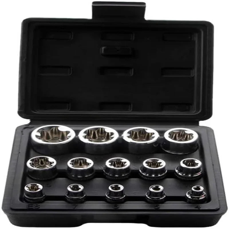 14-Pc Female E-Torx Socket Set E4–E24 | 1/4, 3/8 & 1/2 Drive Socket Set Axl black