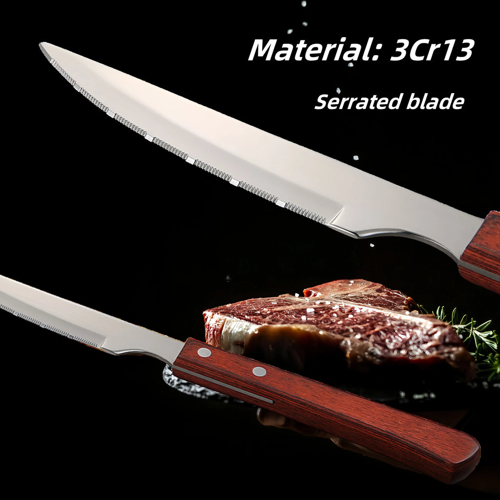 Serrated Steak Knife Set – Stainless Steel & Redwood Handle (1–12 Pc) Steak Knife Set Axl