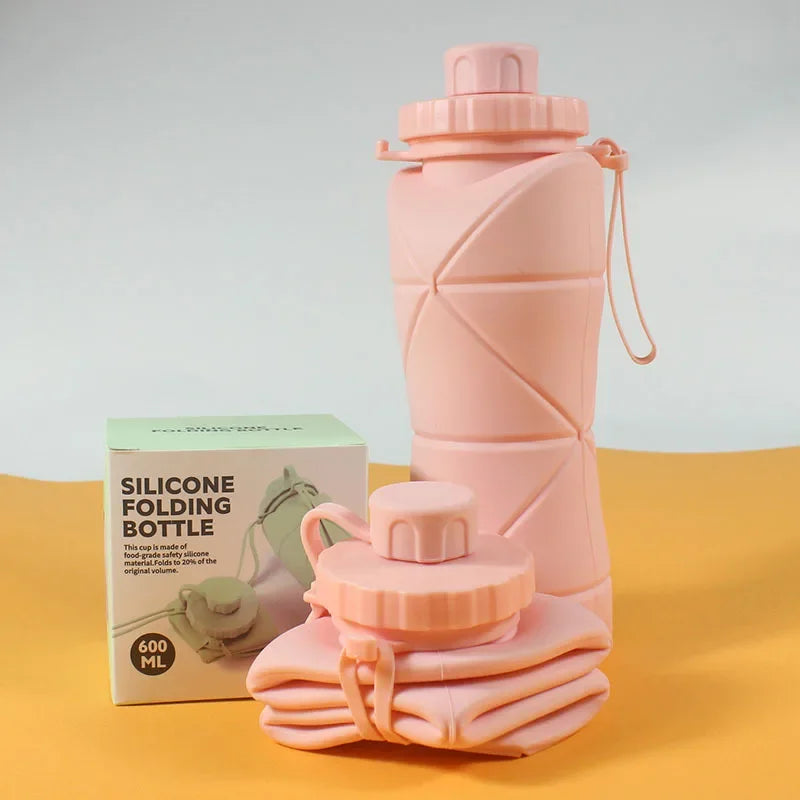 Silicone Folding Water Bottle – Lightweight Portable 600ml Folding Water Bottle Axl Pink