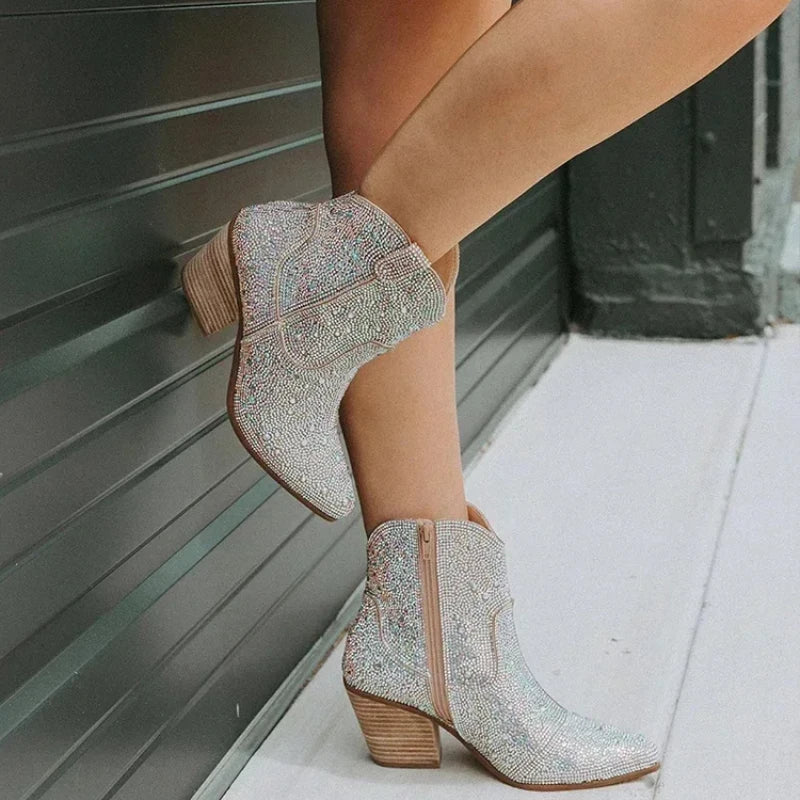 Women's Glitter Cowboy Ankle Boots – Sequin Western High Heel Women's Ankle Boots Axl