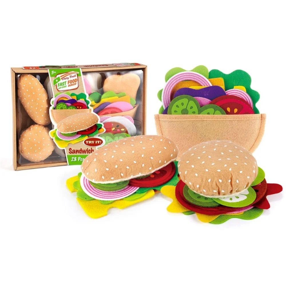 28-Piece Felt Food Play Set – Kids Burger & Sandwich Toy Pretend Play Food Set Axl Hamburger Set