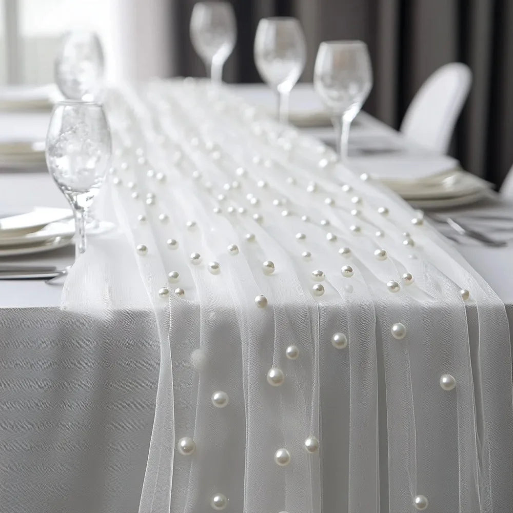 Pearl Tulle Table Runner – Sheer Mesh Gauze Drape 0.75×3M Tulle Table Runner Axl White