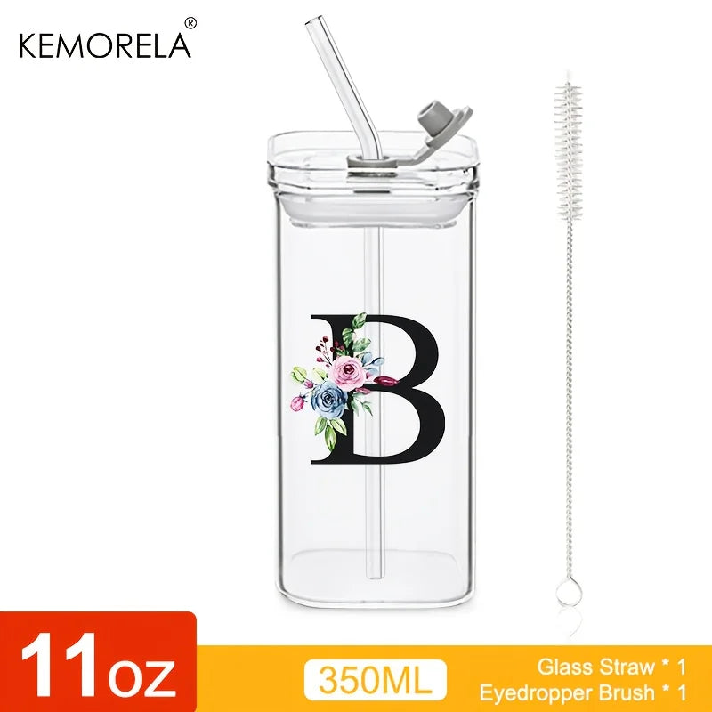 KEMORELA 300ml Letter-Shaped Glass Tumbler with Lid & Straw