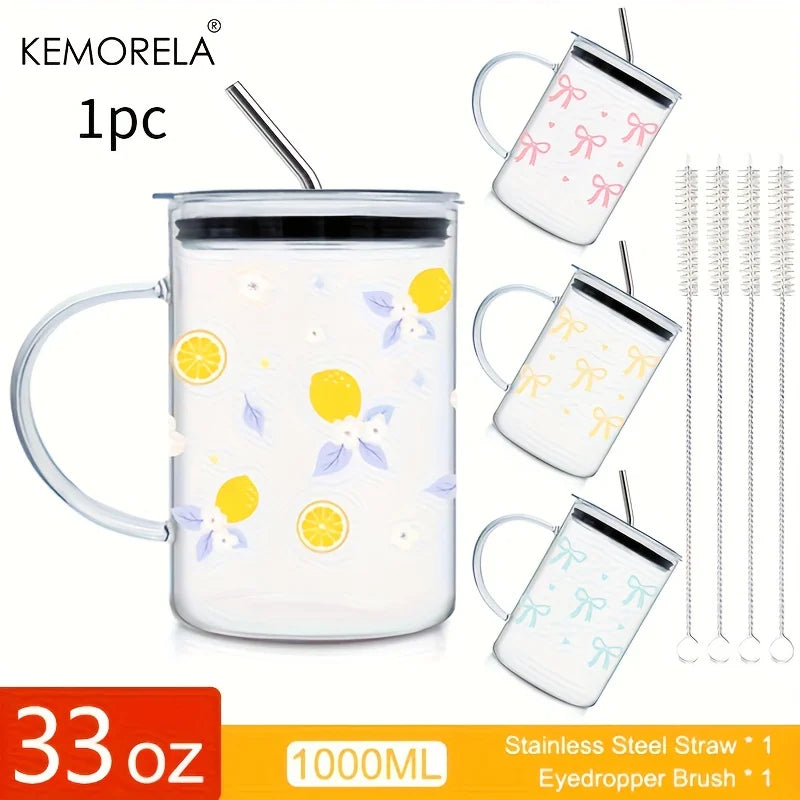 KEMORELA 1000ml Bow-Knot Glass Cup with Lid & Straw | Borosilicate Glass Tumbler Axl