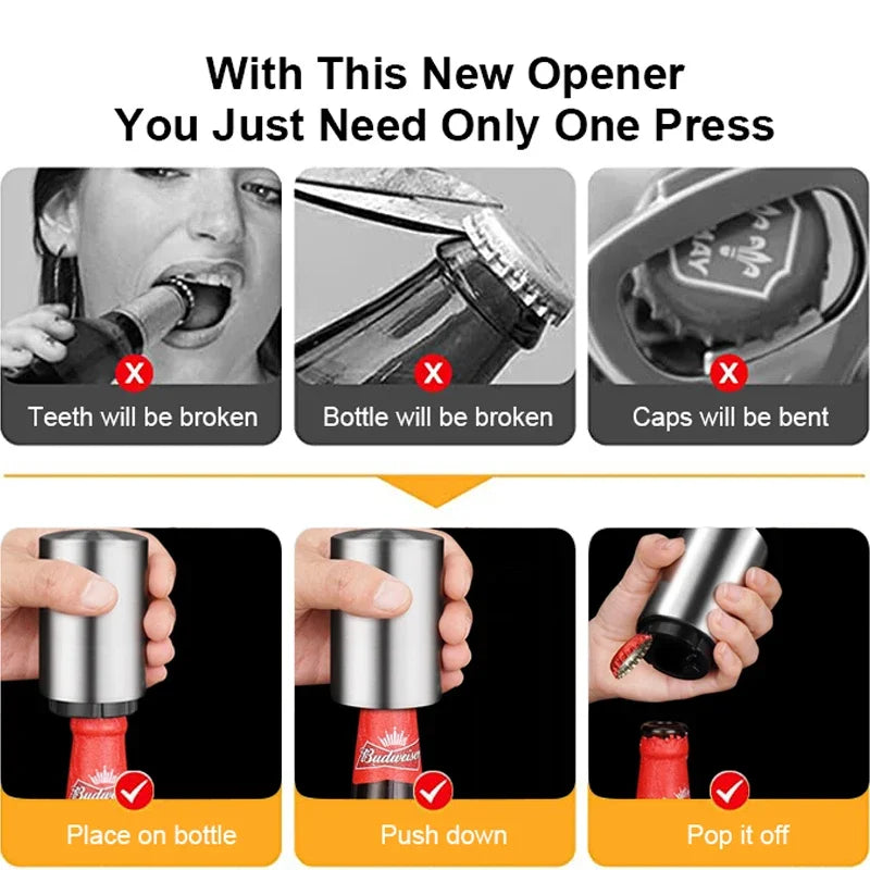 Automatic Push-Down Beer Bottle Opener – Magnetic Stainless Steel Bottle Opener Axl