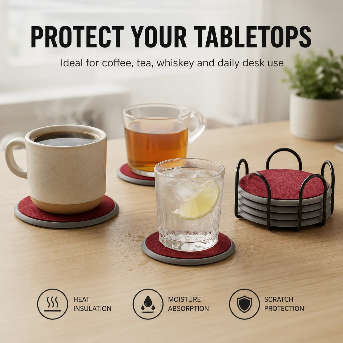 Felt & Silicone Drink Coasters Set of 6 with Metal Holder Drink Coaster Set Axl