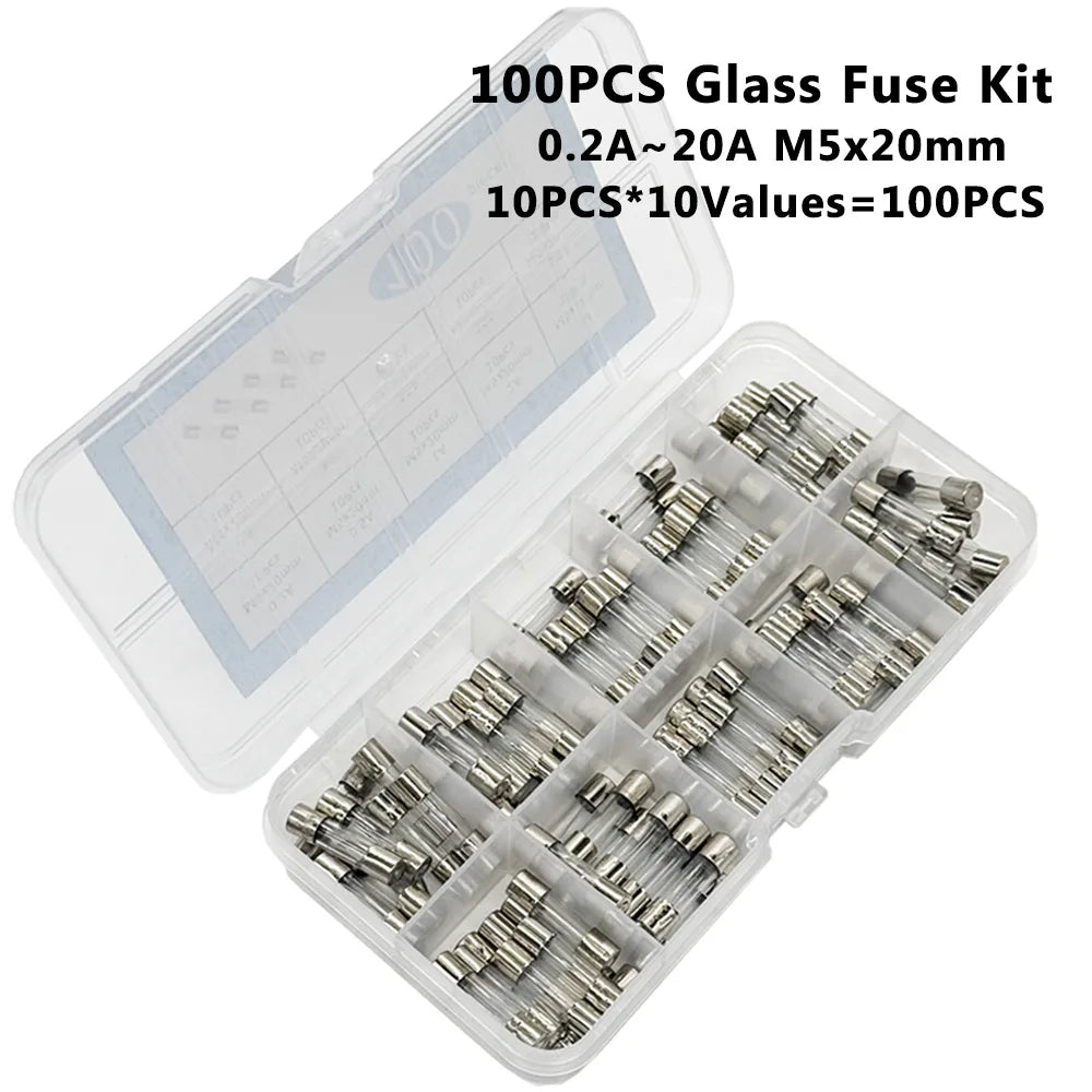 100 Pcs Fast-Blow Glass Fuse Kit 5x20mm 250V – 10 Values Glass Fuse Kit Axl