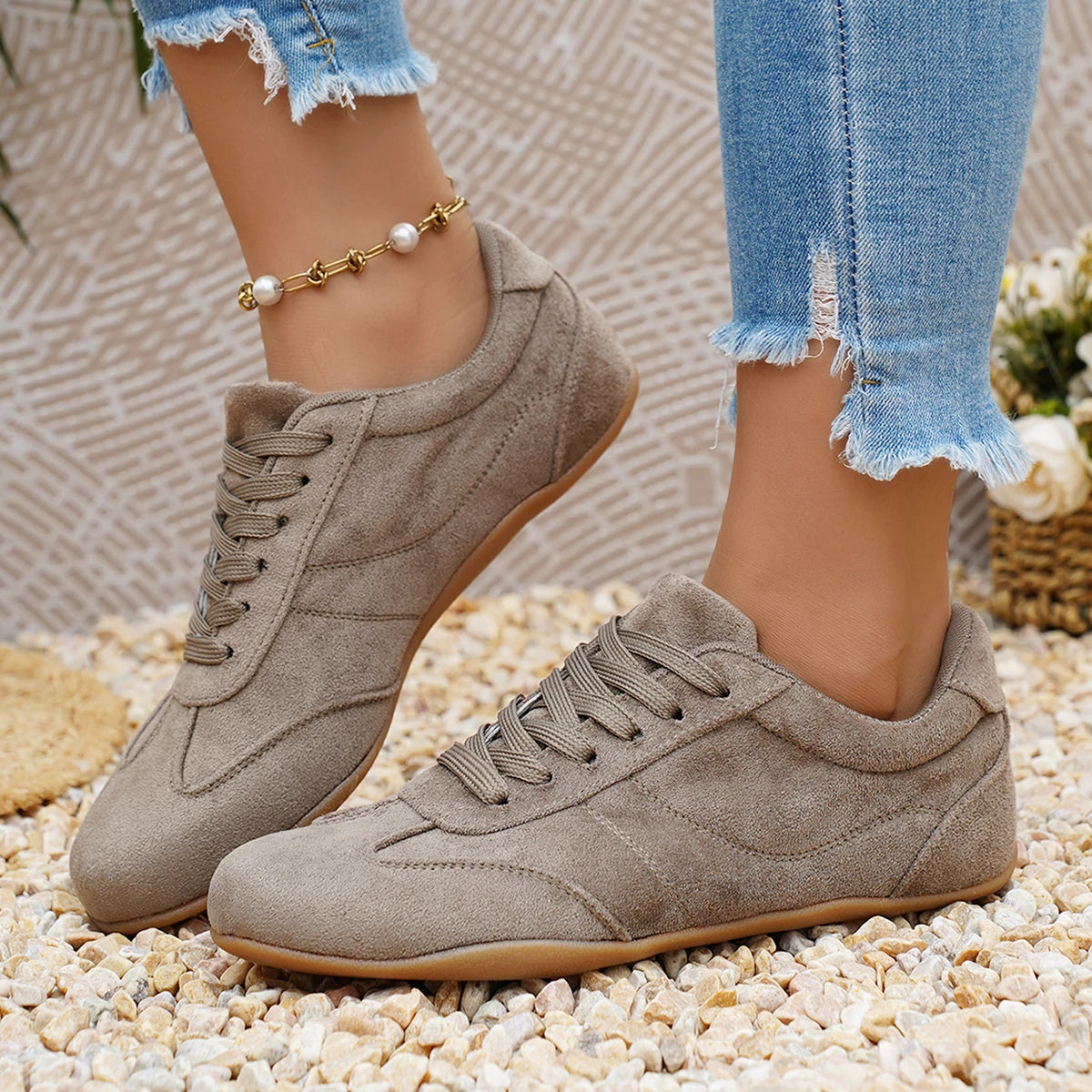 Women's Suede Lace-Up Sneakers – Soft Casual Round Toe Shoes Women's Casual Sneakers Axl Khaki 42