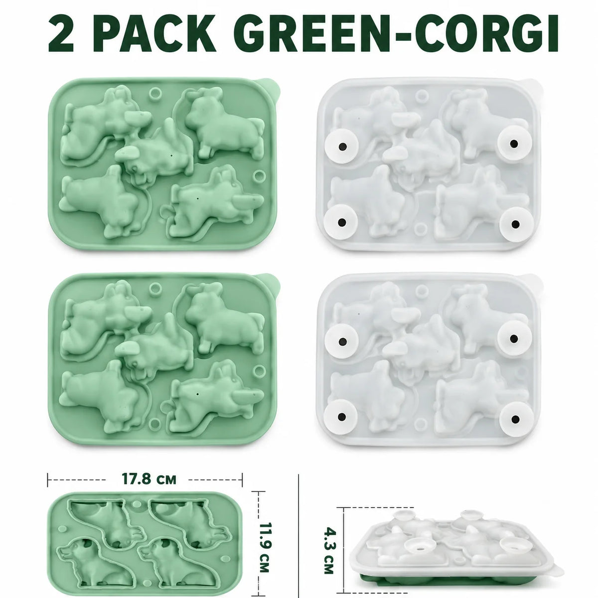 3D Corgi Dog Silicone Ice Cube Tray | Large Novelty Ice Mold Silicone Ice Mold Axl 2 PACK Green-Corgi