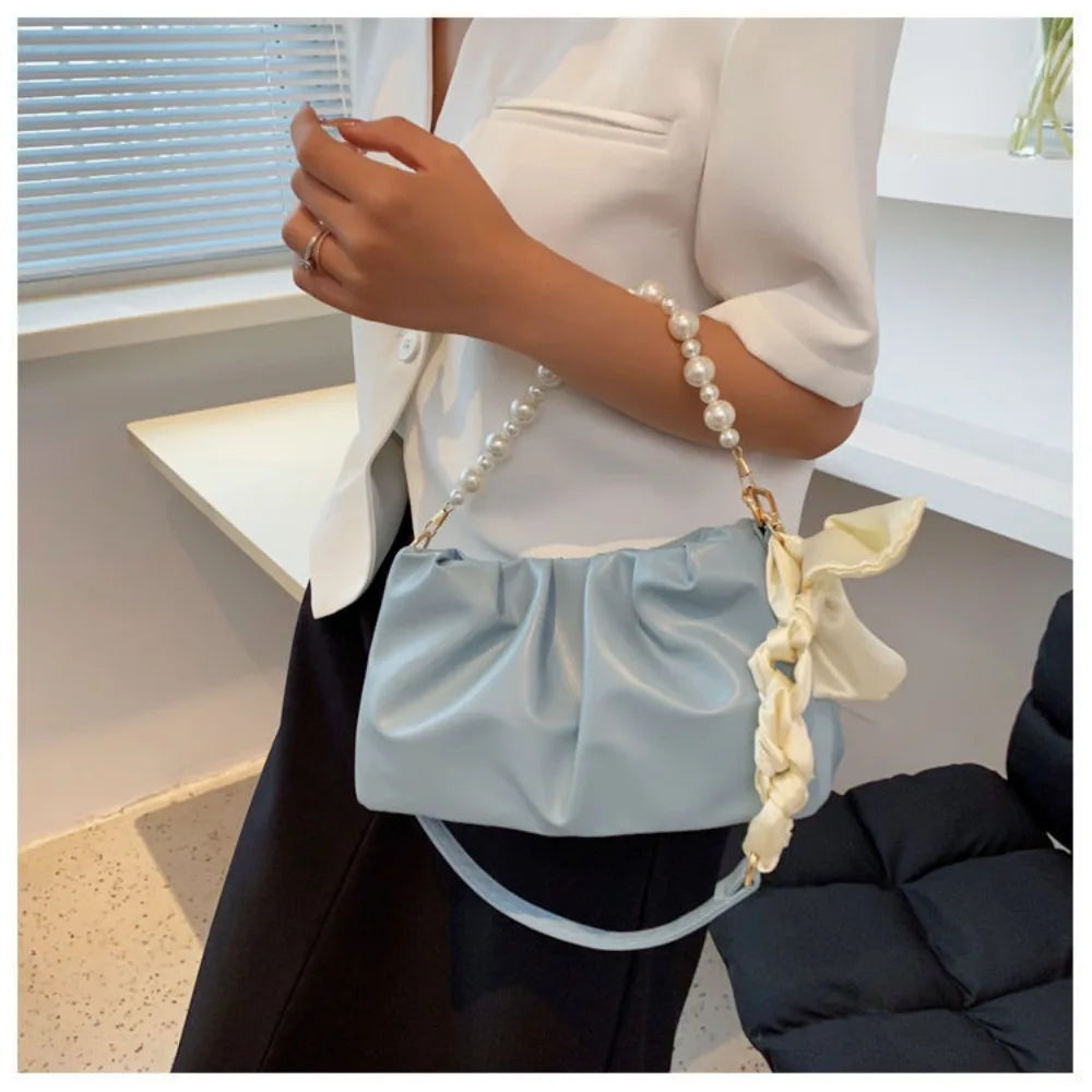 Pleated PU Leather Shoulder Bag with Pearl Detail | Women's Purse Shoulder Handbag Axl Blue