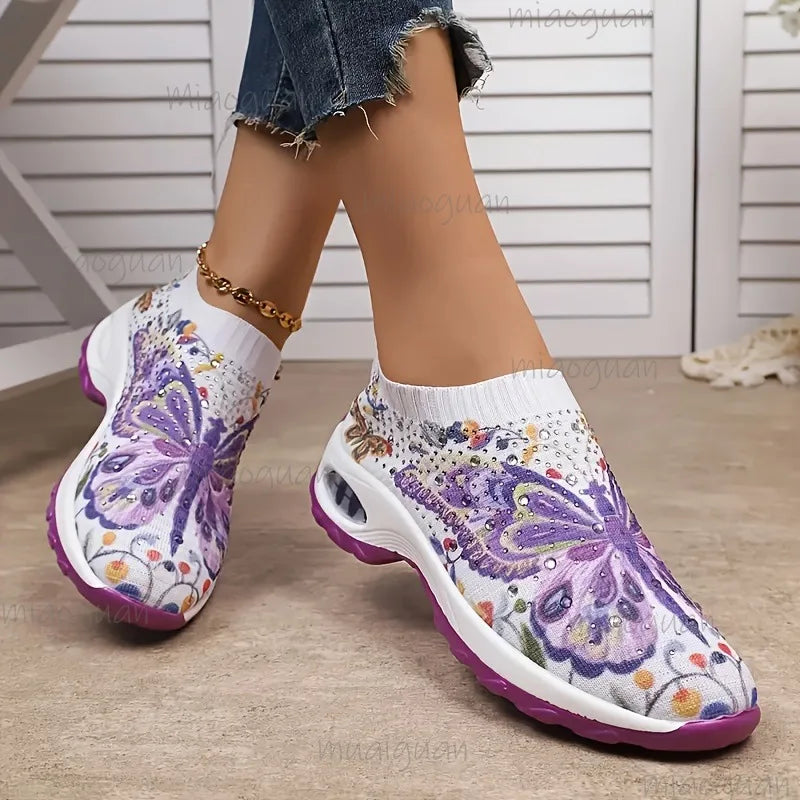 Women's Butterfly Print Platform Sneakers | Knit Slip-On Platform Sneakers Axl