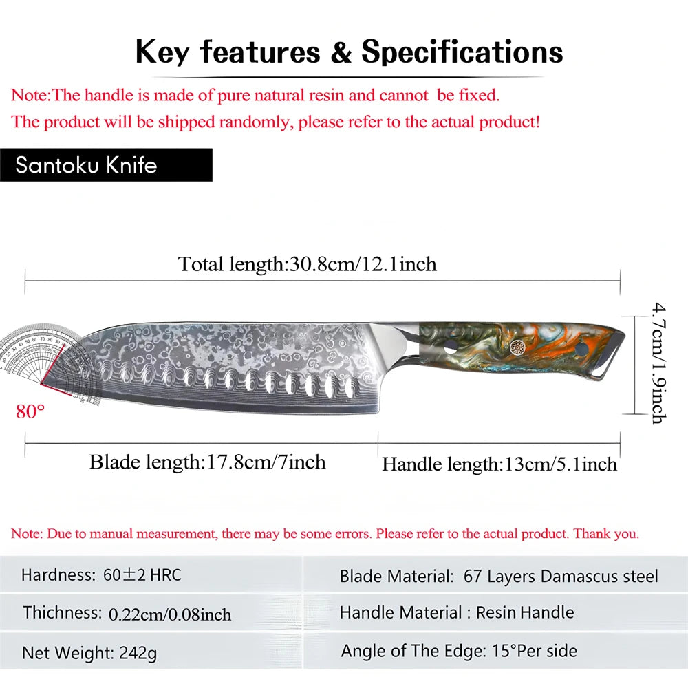 67-Layer Damascus Steel Santoku Knife – 17.8cm Sharp Blade Damascus Kitchen Knife Axl