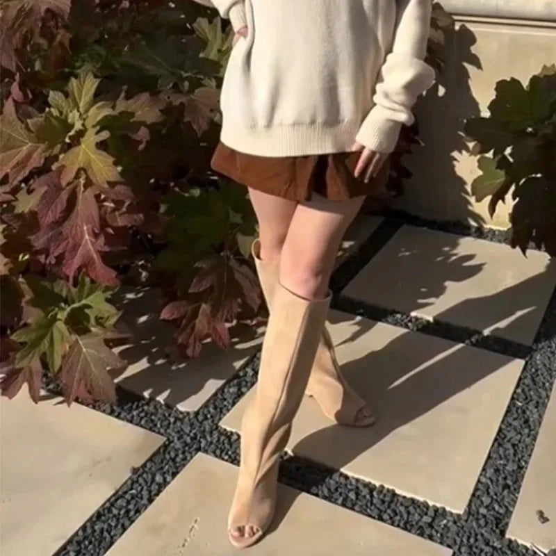 Women's Slouchy Knee-High Wedge Boots – Open Toe Wide Calf Knee-High Boots Axl