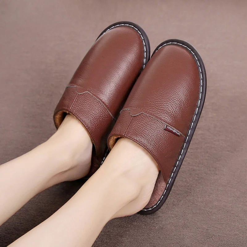 Lorilury Plush Leather Indoor Slippers – Non-Slip Slides Indoor Plush Slippers Axl Brown 34-35