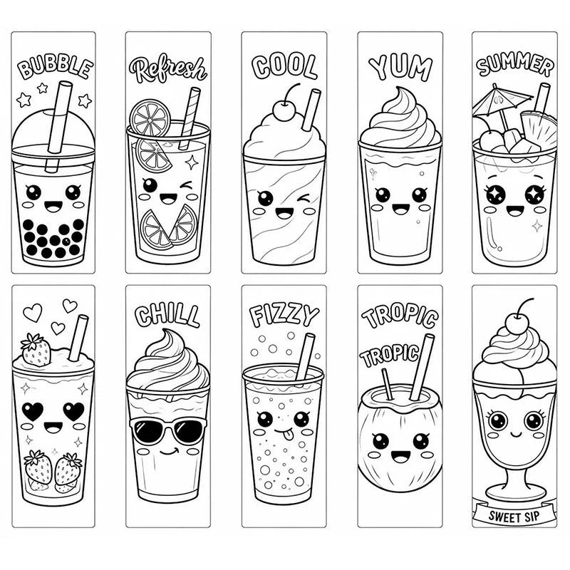 Kawaii Summer Beverage Coloring Bookmarks – DIY Cartoon Doodle Coloring Bookmarks Axl