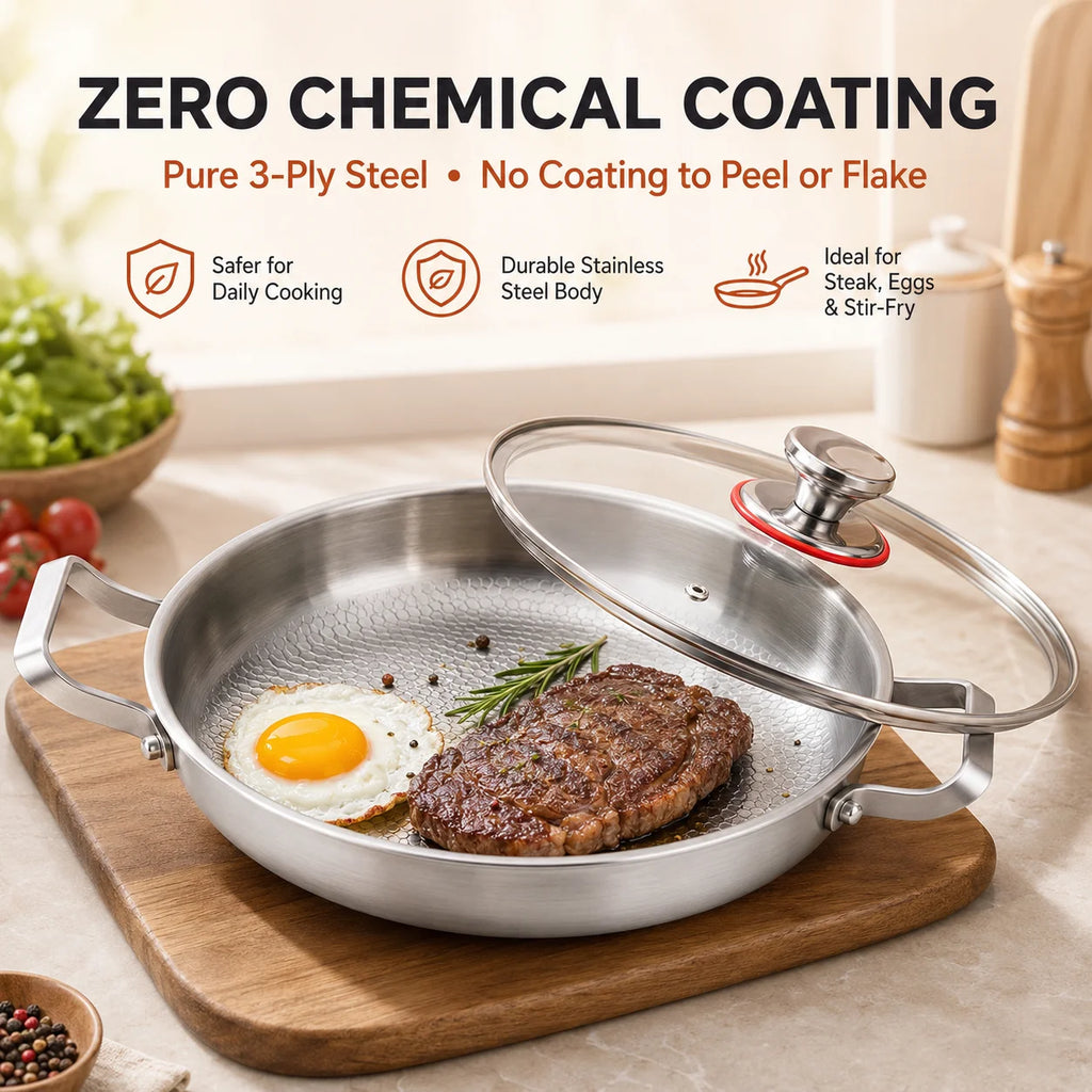 Tri-Ply Hammered Stainless Steel Skillet with Glass Lid Stainless Steel Skillet Axl