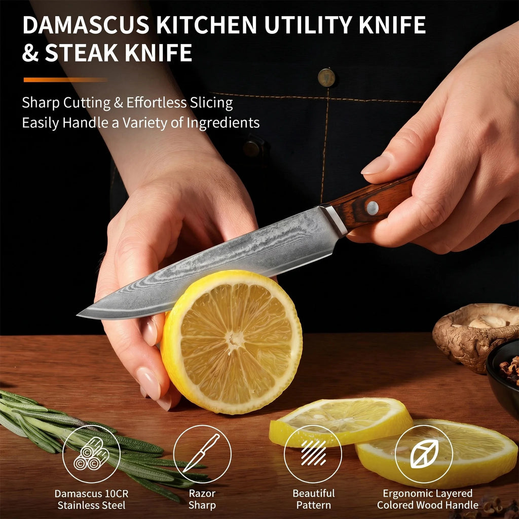 Damascus Pattern Kitchen Slicing Knife – 10Cr Steel & Wood Handle Kitchen Slicing Knife Axl