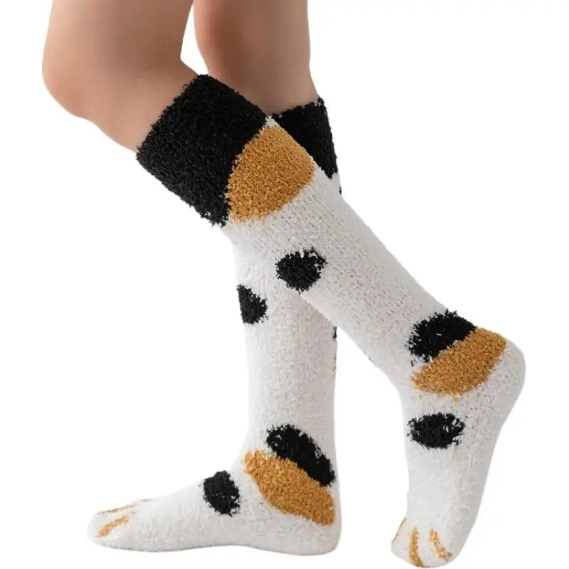 Cat Paw Plush Over-The-Knee Socks – Thick Warm Winter Stockings Plush Winter Socks Axl D One Size
