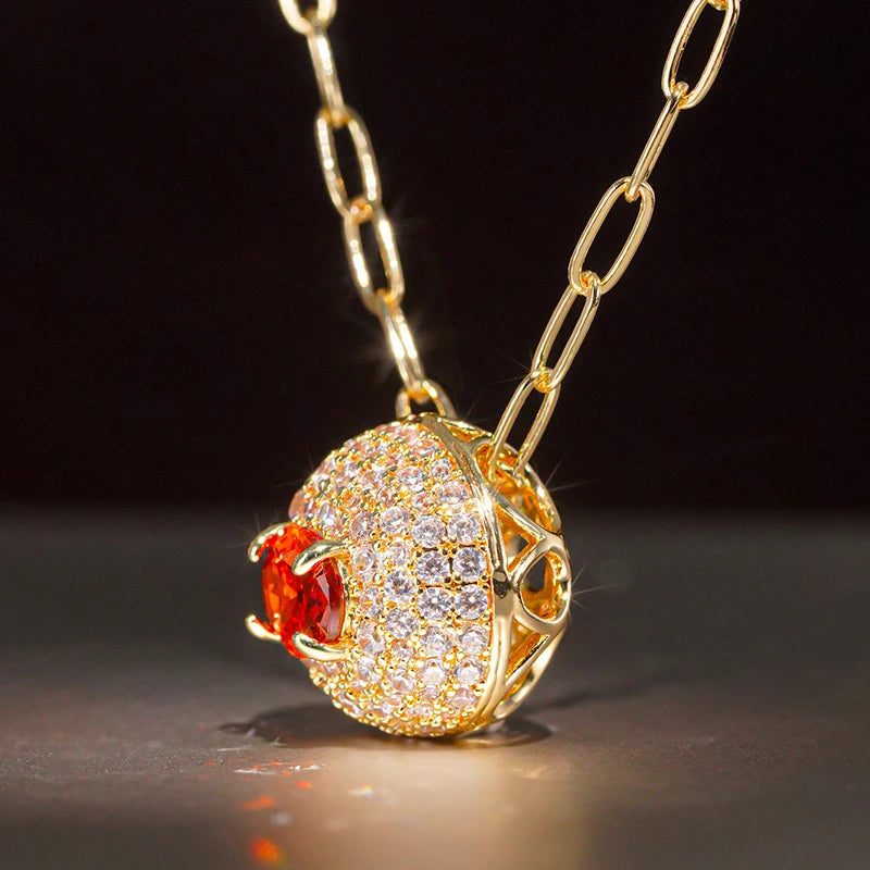 Huitan Orange Red CZ Oval Pendant Necklace | Paperclip Chain CZ Pendant Necklace Axl