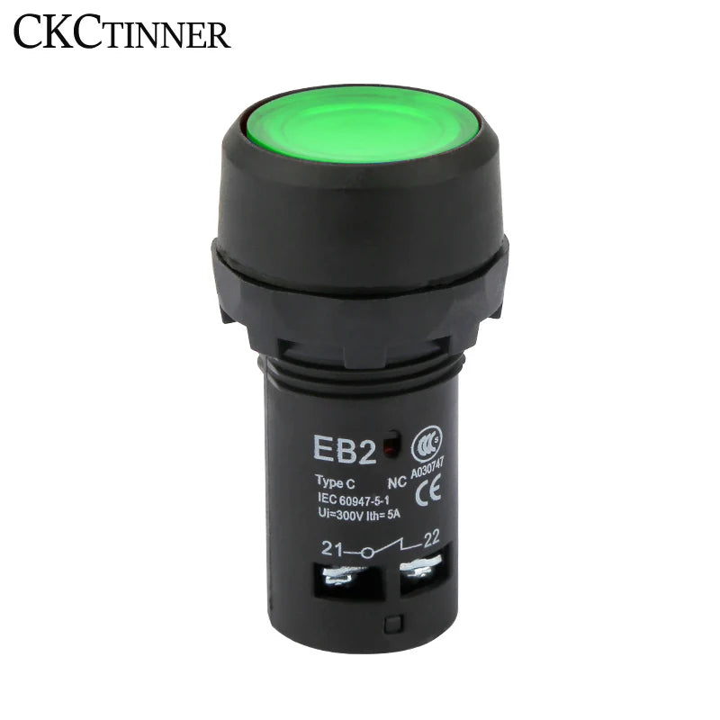22mm Momentary Push Button Switch with Pilot Light | EB2-10DN Push Button Switch Axl green DC24V NO
