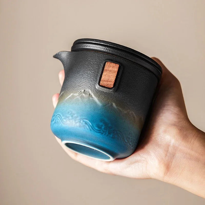 Ceramic Blue Kung Fu Travel Tea Set | Japanese Portable Teapot Kung Fu Tea Set Axl