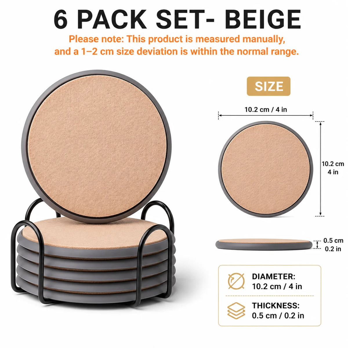 Felt & Silicone Drink Coasters Set of 6 with Metal Holder Drink Coaster Set Axl 6 PACK Set-Beige