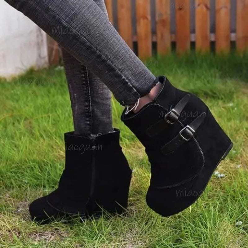 Women's Wedge Ankle Boots – Zip Round Toe Retro Booties Wedge Ankle Boots Axl