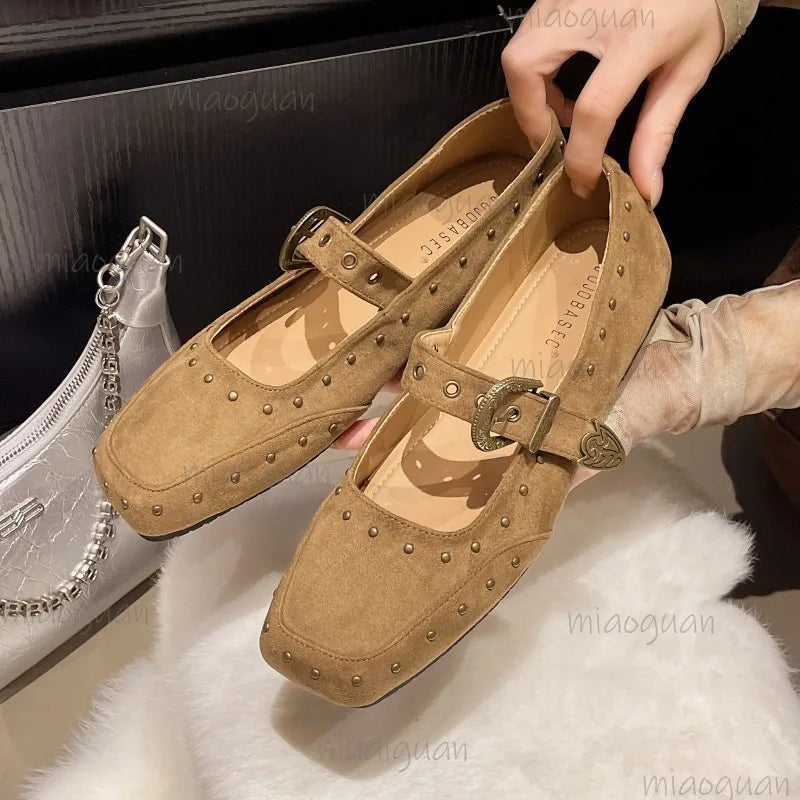 Retro Mary Jane Flats – Square Toe Buckle & Rivet Women's Shoes Women's Flat Shoes Axl