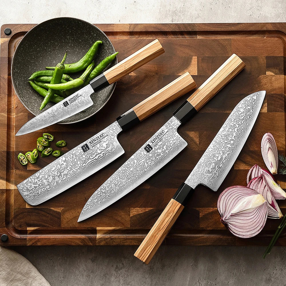 XINZUO 4-Piece 67-Layer Damascus Steel Knife Set | Olive Wood Damascus Knife Set Axl