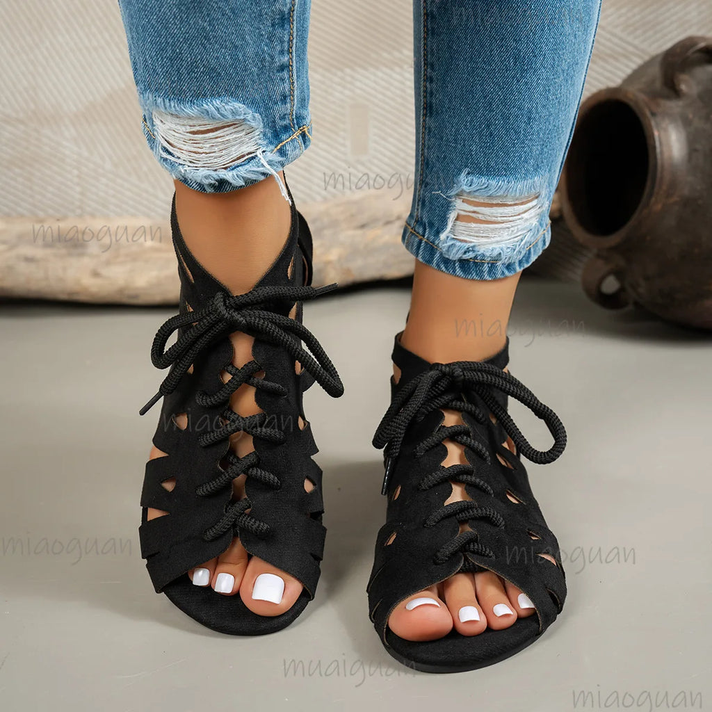 Women's Retro Lace-Up Flat Sandals – Hollow Roman Beach Shoes Flat Sandals Axl