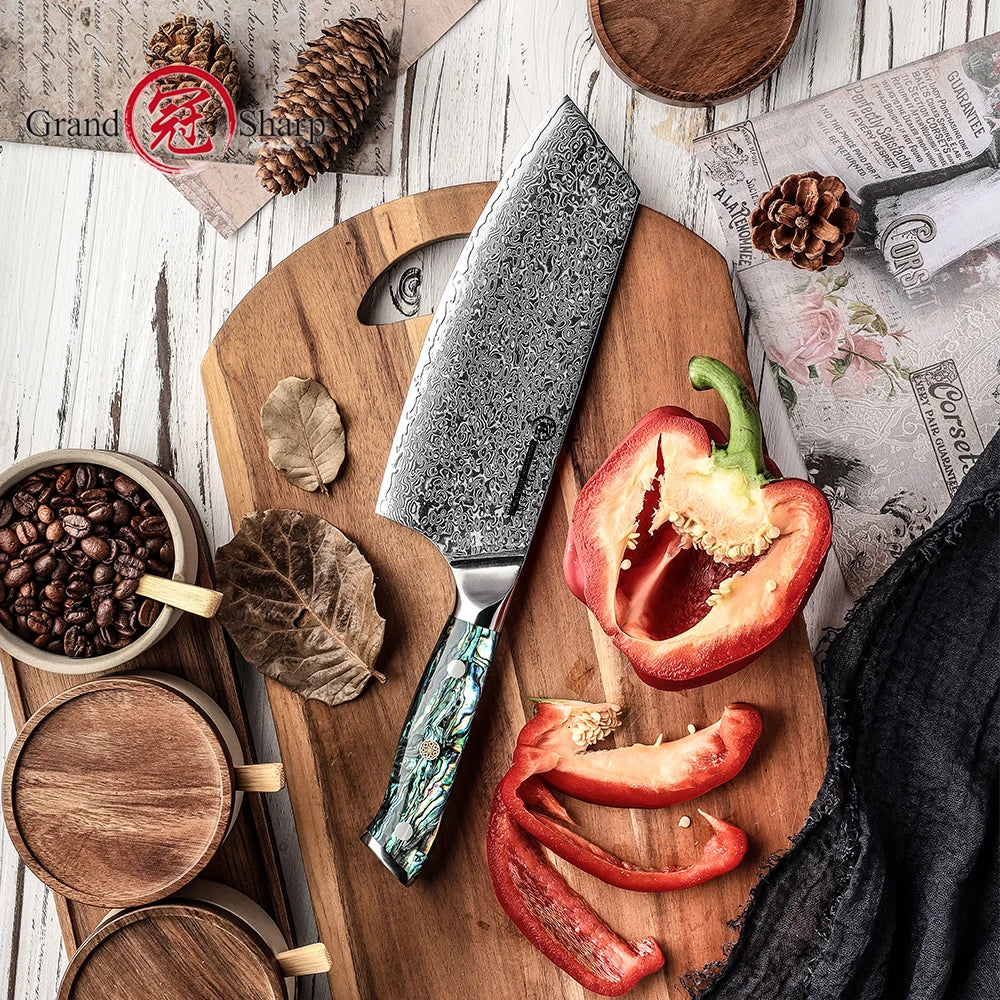 Grandsharp 7" Damascus Steel Cleaver – Abalone Shell Handle Damascus Cleaver Knife Axl