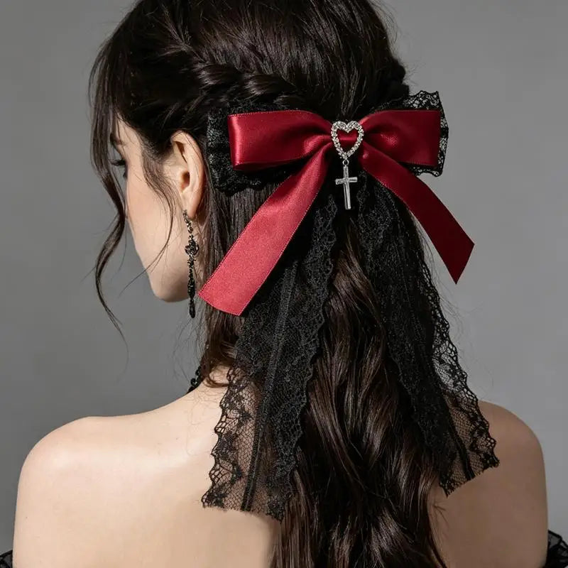 Gothic Lace Bow Hair Clip – Lolita Barrette with Rhinestone Cross Lace Bow Hair Clip Axl