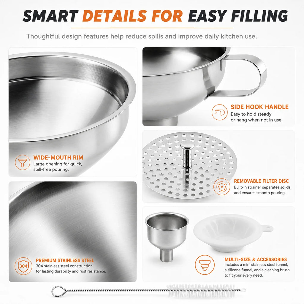 Stainless Steel Wide Mouth Canning Funnel Set with Strainer Kitchen Funnel Set Axl